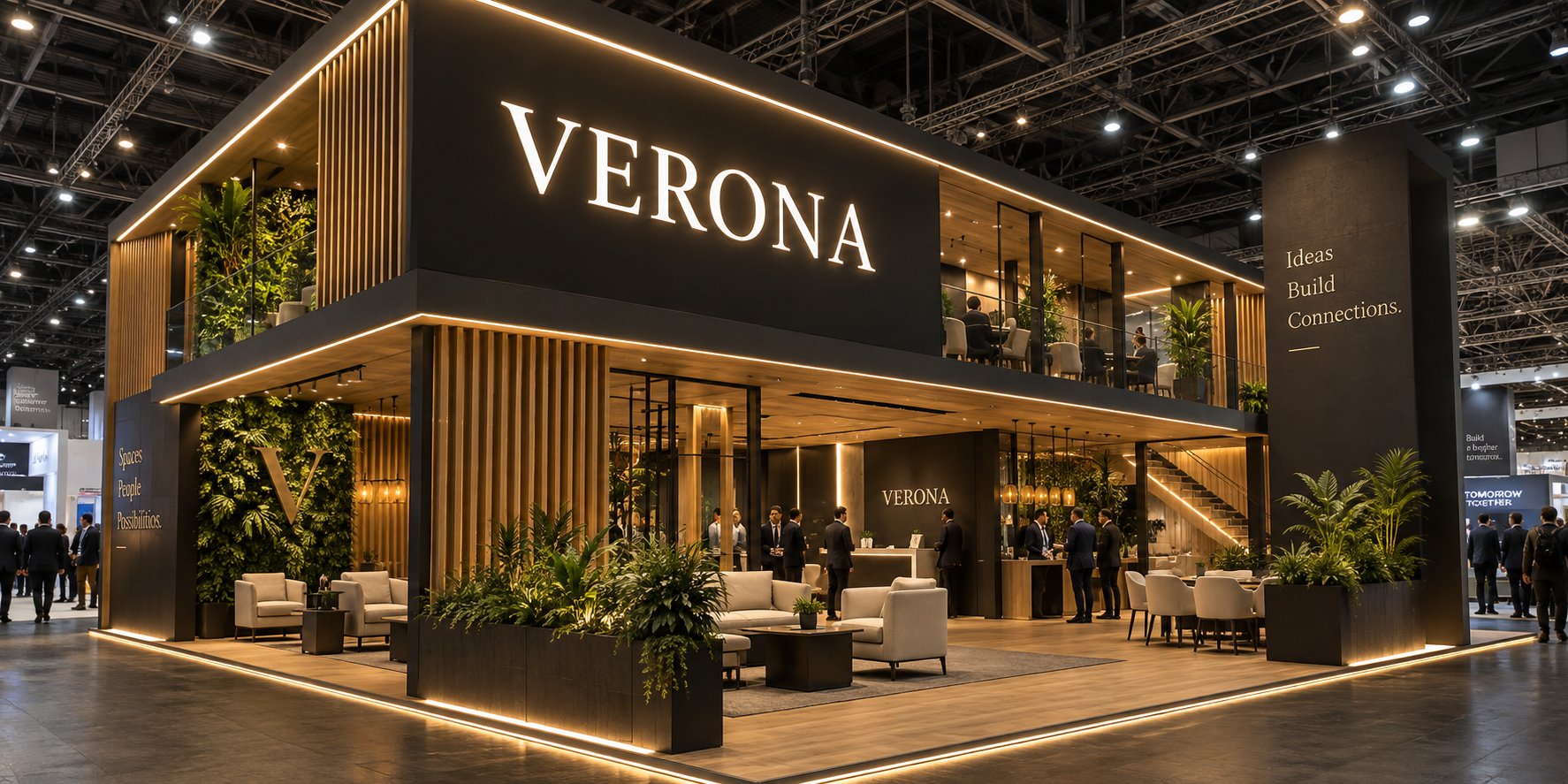 Verona'nın ahşap ve siyah detaylı, yeşil duvarlı fuar standı